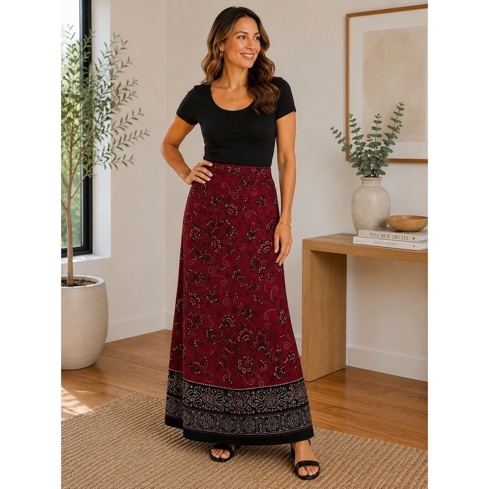Jones New York Womens Burgundy Red 100% Silk Floral Paisley Maxi Skirt Size 4